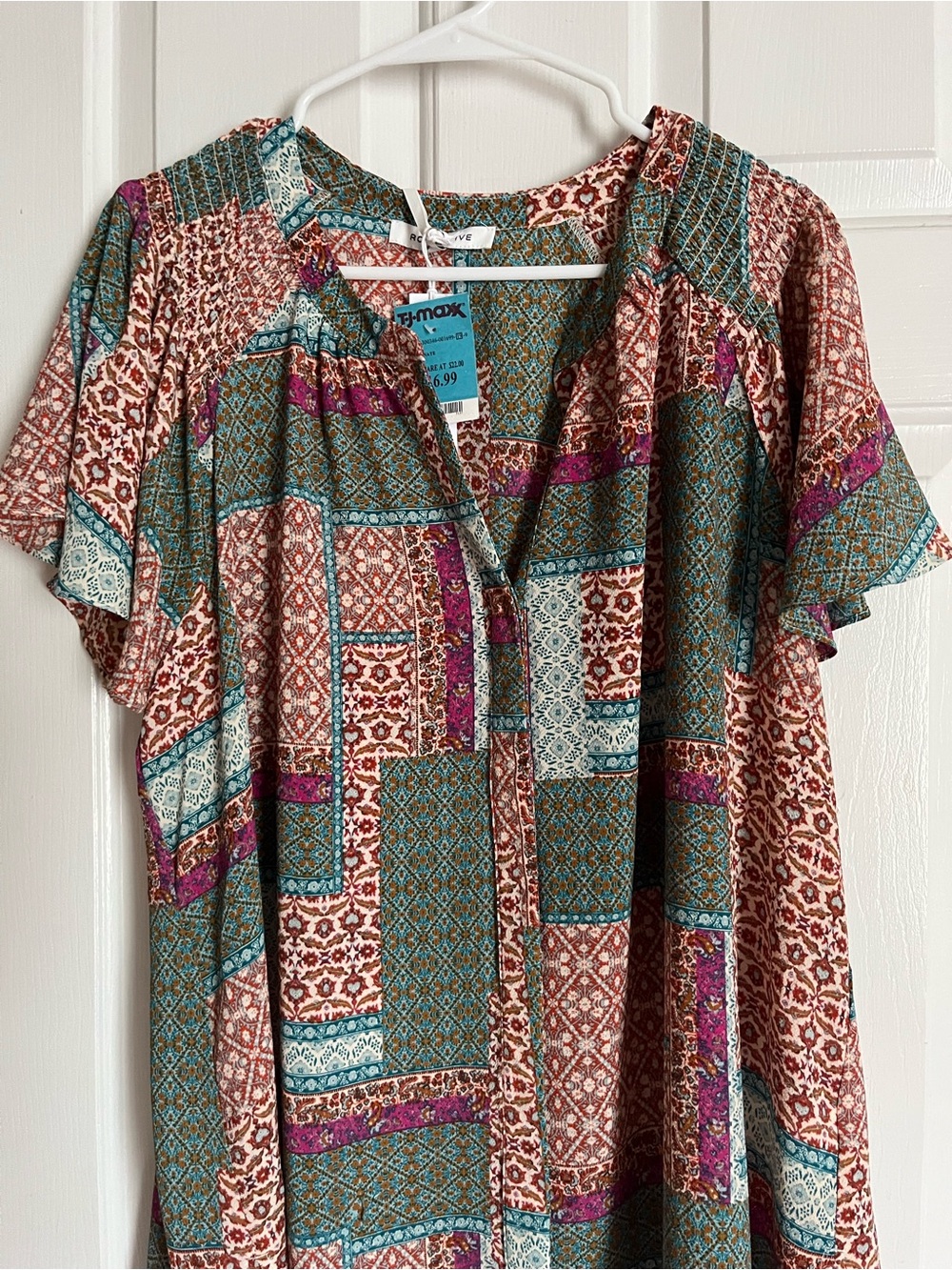 Rue21 Patchwork Print Flutter-Sleeve V-Neck Top - Teal, Burgundy, Cream